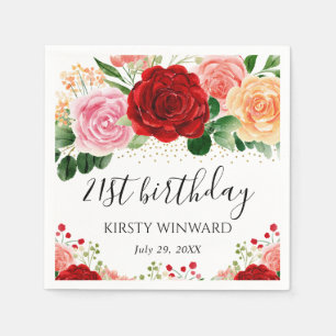 Serviette En Papier Fleurs de naissance à l'aquarelle Roses Rouges et 