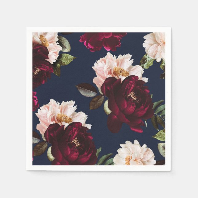Serviette En Papier Fleurs de Navy Blue et Pivoine Rouge Burgundy Somb (Devant)