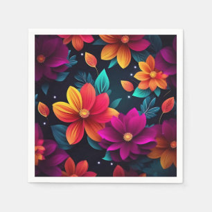 Serviette En Papier Fleurs de néon vibrantes sur les ténèbres