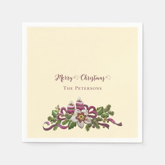 Serviette En Papier Fleurs de Noël Joyeuses classiques Bougies Nom des (Devant)