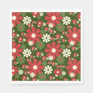 Serviette En Papier Fleurs de Noël Rétro Années 60 70 Motif Floral