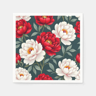 Serviette En Papier Fleurs de pivoine rouges et blanches