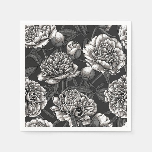 Serviette En Papier Fleurs de pivoines blanches sur gris foncé (Devant)
