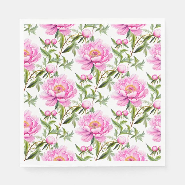 Serviette En Papier Fleurs de pivoines roses avec Feuilles verts Sage (Devant)