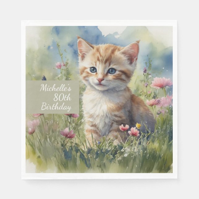Serviette En Papier Fleurs de Prairie de Chat à l'Aquarelle 80e Annive (Devant)