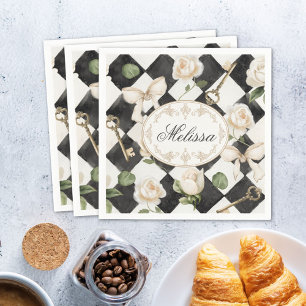 Serviette En Papier Fleurs de rose vintage en monogramme diamant noir 