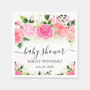 Serviette En Papier Fleurs de roses roses à l'aquarelle Baby Shower
