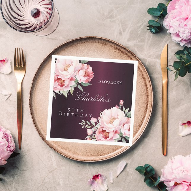 Serviette En Papier Fleurs de roses roses de Bourgogne élégant anniver (Créateur téléchargé)