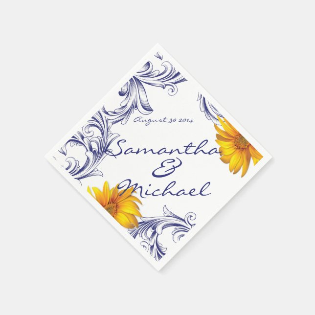 Serviette En Papier Fleurs de soleil bleu royal orange (Coin)