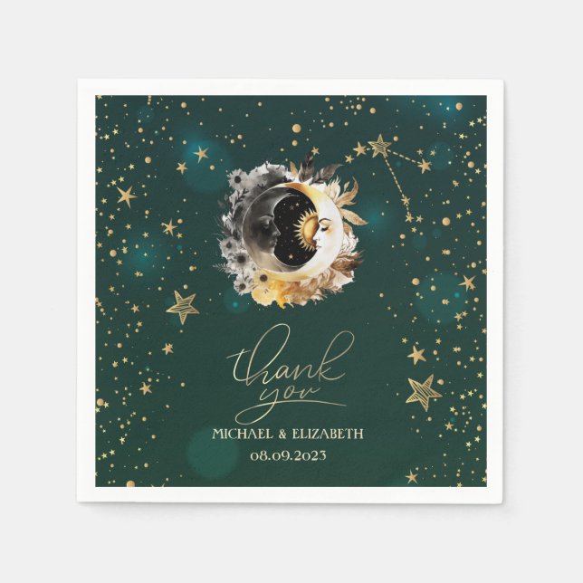 Serviette En Papier Fleurs de soleil et de lune célestes vertes (Devant)