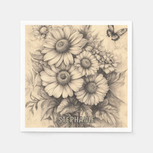 Serviette En Papier Fleurs de soleil et papillon - Papier vieilli rust