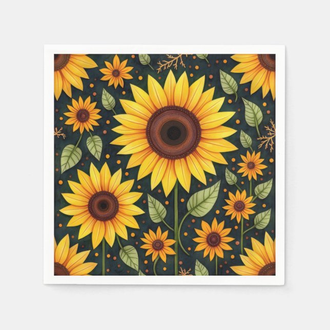 Serviette En Papier Fleurs de soleil jaunes sur le noir (Devant)