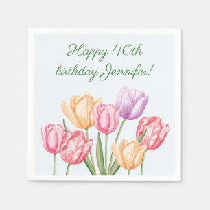 Serviette En Papier Fleurs de tulipes aquarelles colorées Joyeux Anniv