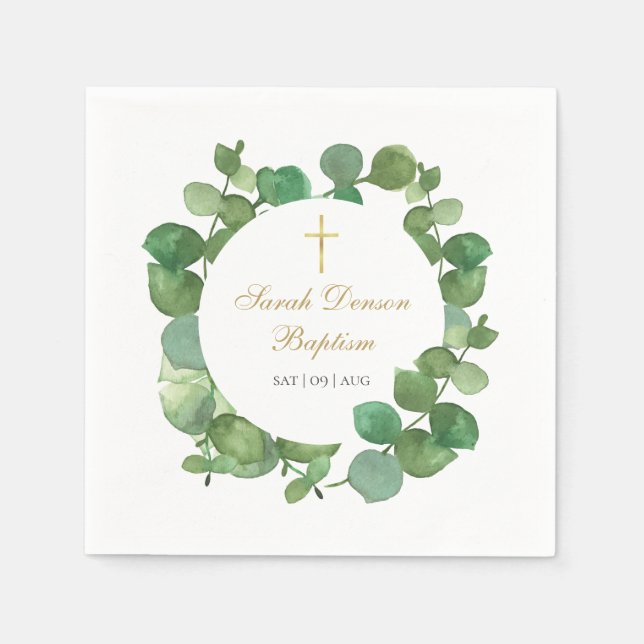 Serviette En Papier Fleurs de verdure d'eucalyptus pour baptême (Devant)