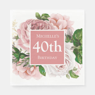 Serviette En Papier Fleurs de verdure rose pastel vintage 40e annivers