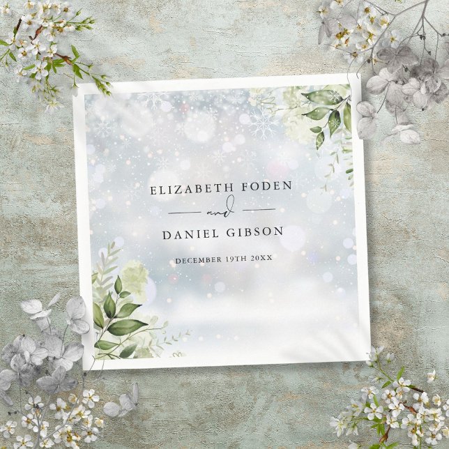 Serviette En Papier Fleurs de verdure rustique flocons de neige d'hive (Rustic Greenery Floral Winter Snowflakes Napkins)