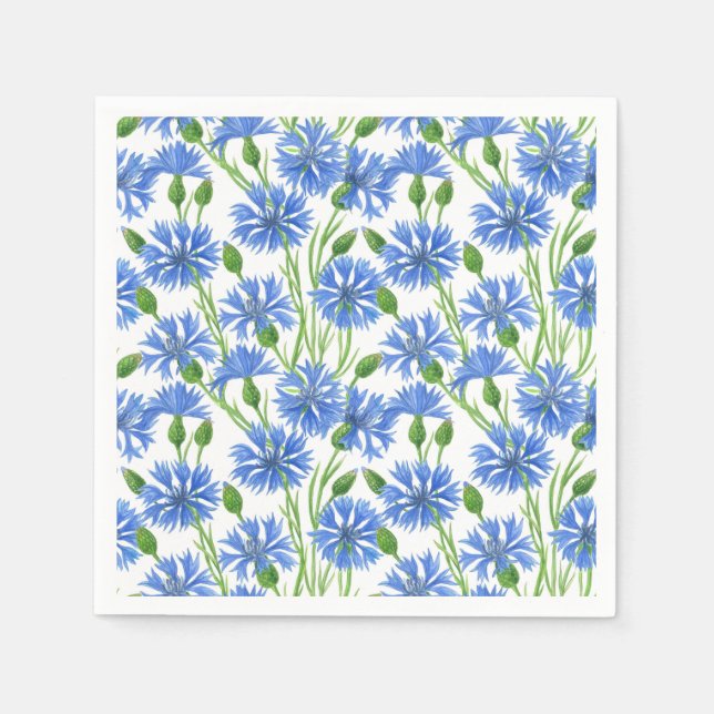 Serviette En Papier Fleurs d'eau bleu, fleurs sauvages sur blanc (Devant)