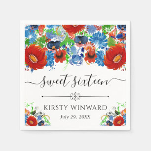 Serviette En Papier Fleurs d'été rouges et bleues Sweet Sixteen