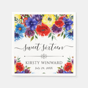 Serviette En Papier Fleurs d'été rouges et bleues Sweet Sixteen