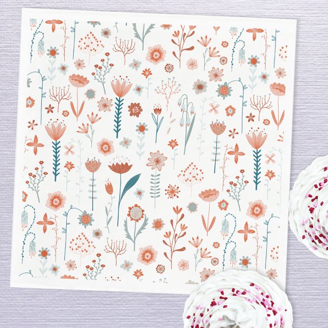 Serviette En Papier Fleurs d'été scandinaves (Scandinavian summer flowers peach teal and white paper party napkins)