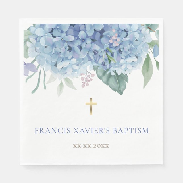 Serviette En Papier fleurs d'hortensia bleues Baptême (Devant)
