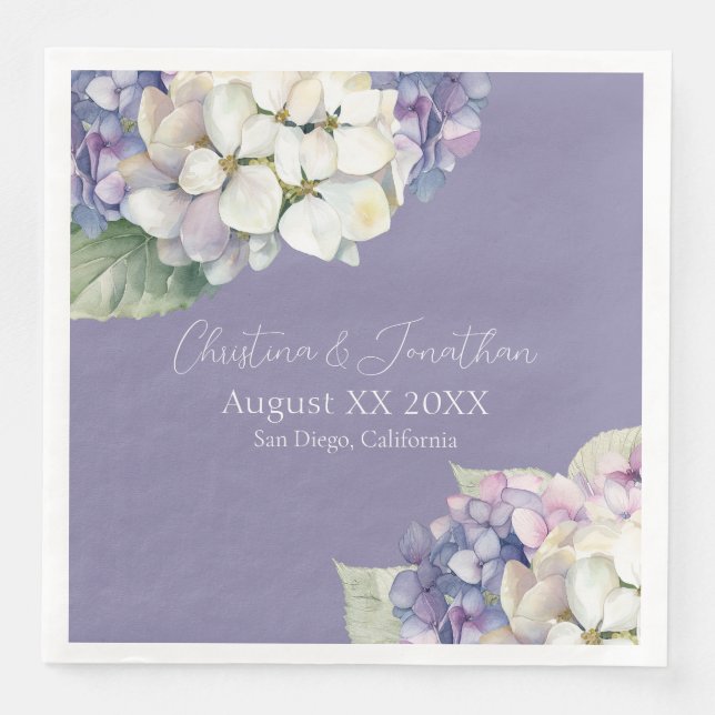 Serviette En Papier Fleurs d'hortensia violettes et blanches sur lavan (Devant)