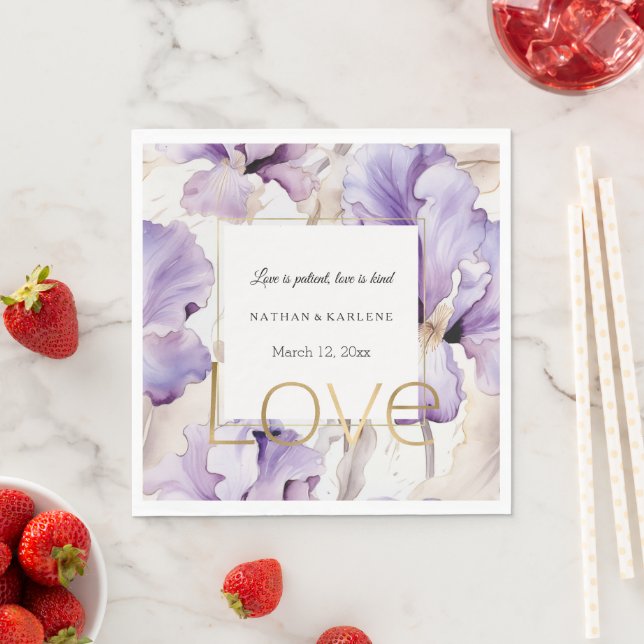 Serviette En Papier Fleurs d'Iris Crème Violettes Lilas Mariage Amour  (En situation)