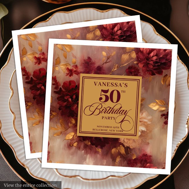 Serviette En Papier Fleurs d'or à tendance rouge foncé 50e anniversair (Trendy Dark Red Blush Gold Flowers 50th Birthday Paper Dinner Napkins)