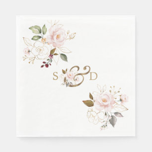 Serviette En Papier Fleurs d'or Blush Whimsical Monogram Mariage
