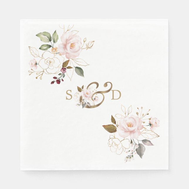 Serviette En Papier Fleurs d'or Blush Whimsical Monogram Mariage (Devant)