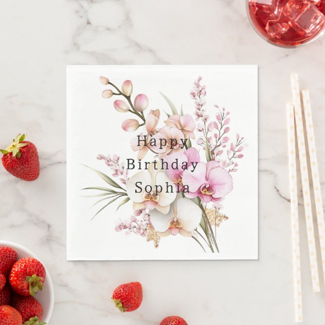 Serviette En Papier Fleurs d'orchidée rose tropicale Anniversaire (En situation)
