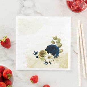 Serviette En Papier Fleurs dorées ivoire bleu marine incroyables