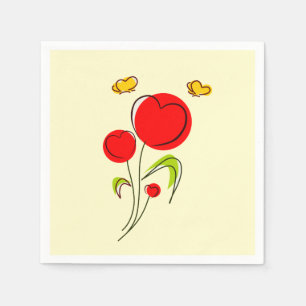 Serviette En Papier Fleurs du Coeur Rouge mignonnes et papillons jaune