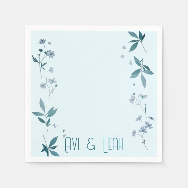 Serviette En Papier Fleurs élégantes bleu clair et dîner feuille (Devant)