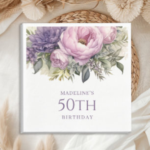 Serviette En Papier Fleurs élégantes rose violet 50e anniversaire