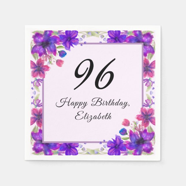 Serviette En Papier Fleurs Élégantes Violettes 96e Anniversaire  (Devant)