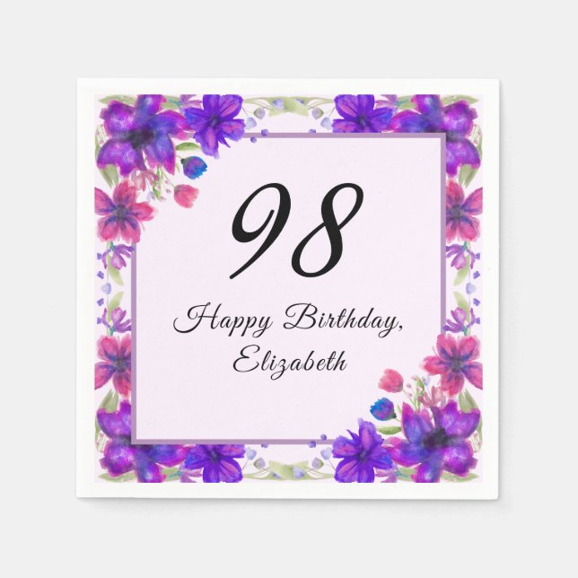 Serviette En Papier Fleurs Élégantes Violettes 98e Anniversaire  (Devant)