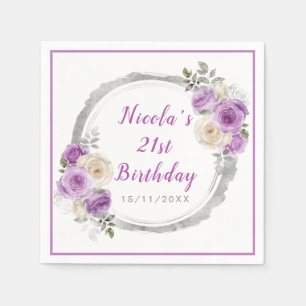 Serviette En Papier Fleurs élégantes violettes et argentées Anniversai
