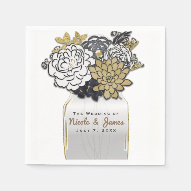 Serviette En Papier Fleurs en pot Mason Rustique Gris Or Floral (Devant)