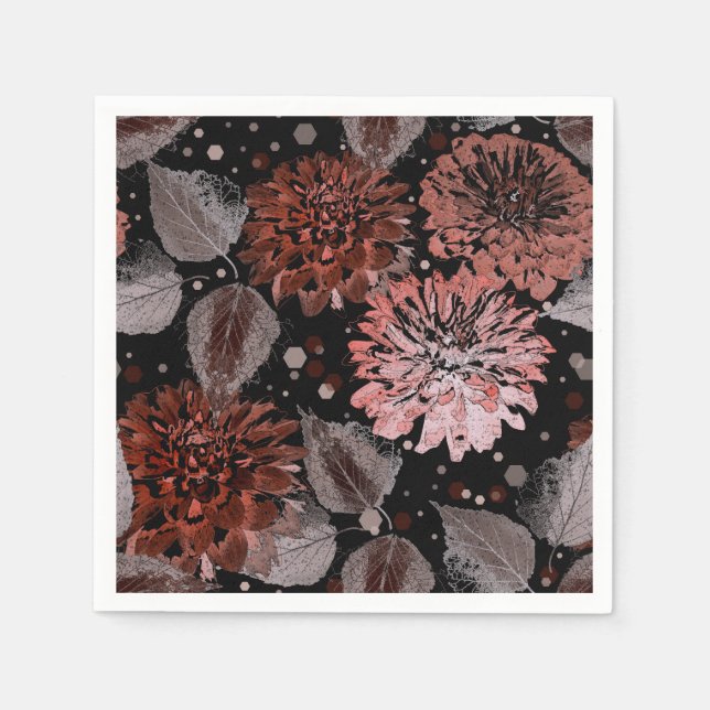 Serviette En Papier Fleurs en terre cuite avec feuilles gris sur un no (Devant)