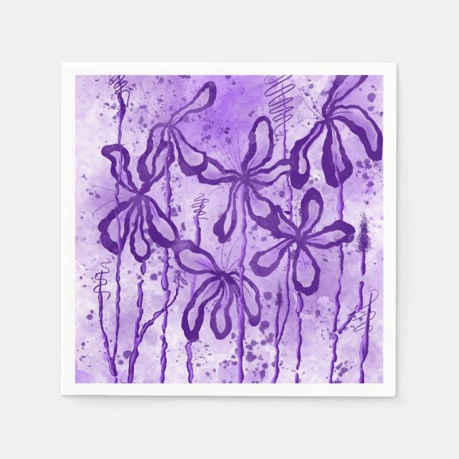 Serviette En Papier Fleurs Encrees Ciel Violet  (Devant)