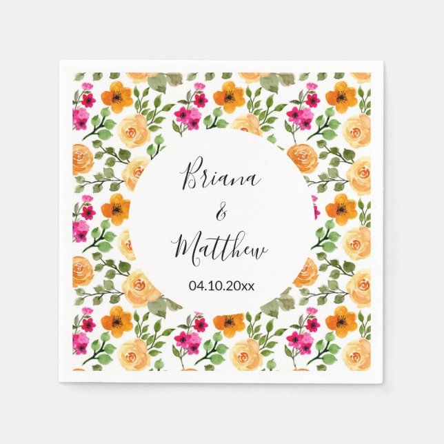 Serviette En Papier Fleurs estivales rose orange (Devant)