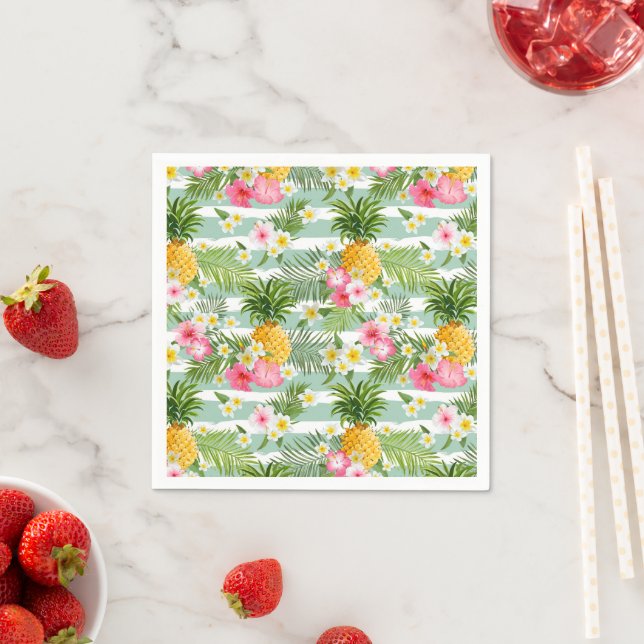 Serviette En Papier Fleurs et ananas Turquoises rayures (En situation)