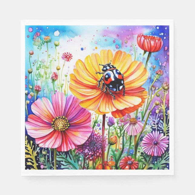 Serviette En Papier Fleurs et coccinelles (Devant)