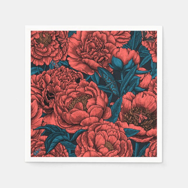 Serviette En Papier Fleurs et moisissures de pivoines rouges (Devant)