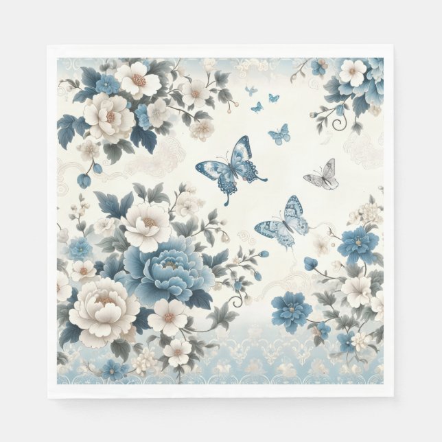 Serviette En Papier Fleurs et papillons Chinoiserie (Devant)