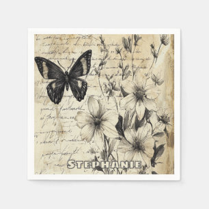 Serviette En Papier Fleurs et papillons rustiques - Papier vieilli (1)