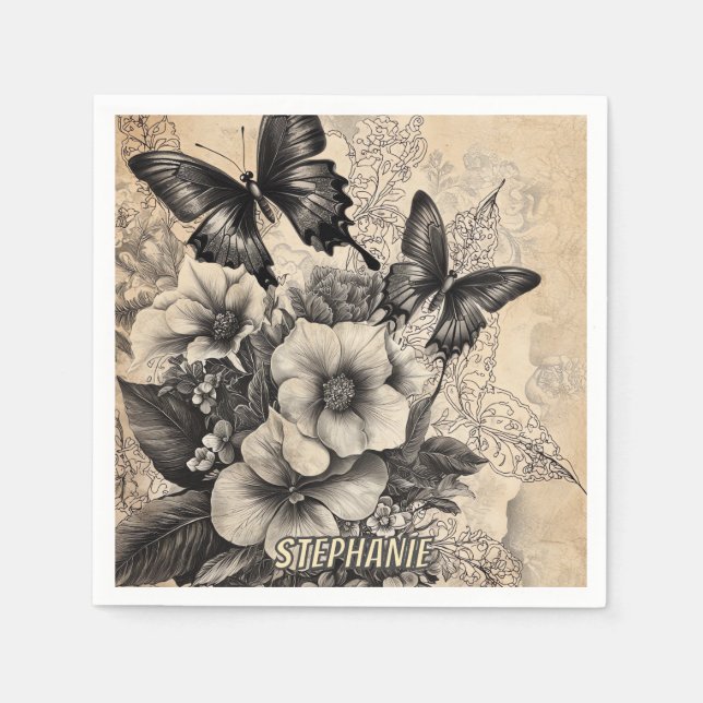 Serviette En Papier Fleurs et papillons rustiques - Papier vieilli (10 (Devant)