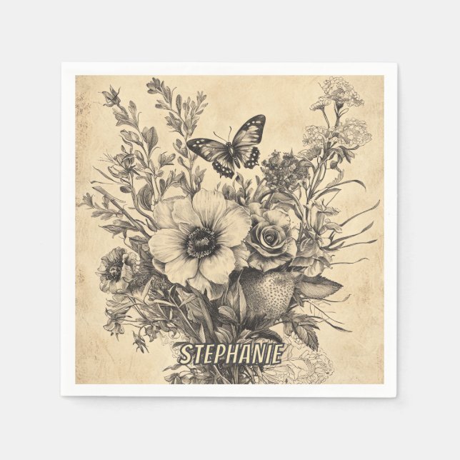 Serviette En Papier Fleurs et papillons rustiques - Papier vieilli (12 (Devant)