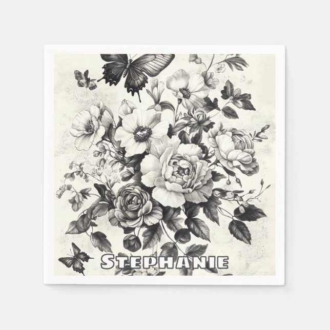 Serviette En Papier Fleurs et papillons rustiques - Papier vieilli (3) (Devant)
